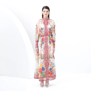 Retro Floral Print Stand Collar Long Lantern Sleeve Maxi Dress With Belt For Women Elegant A-Line Polyester