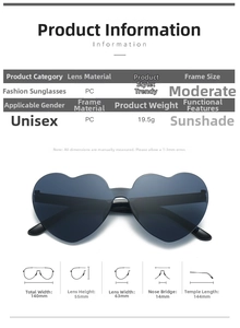 Detailed size chart of heart-shaped sunglasses with frame width and lens measurements