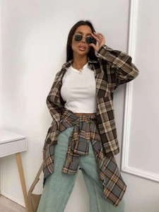 Women's plaid button-up shirt in brown and beige check with a relaxed vintage fit