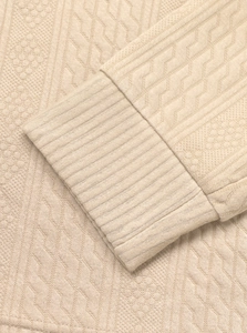 Macro detail of beige knit sweater showing ribbed cuffs and textured jacquard pattern