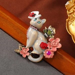 Vintage style enamel cat brooch with pink flowers and crystals for suits and coats