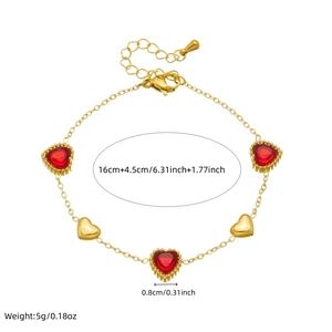 Detail of gold-plated bracelet with red heart zircon and measurement annotations