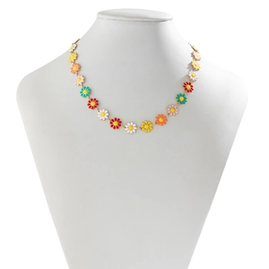 Bohemian colorful daisy flower necklace with gold metal chain for women style