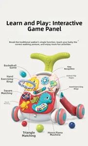 Detail of baby walker panel featuring basketball hoop, shape sorter, and music toy