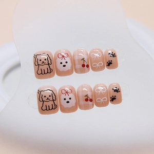 Unghie finte corte quadrate con design cucciolo, fiocco e ciliegia in rosa nudo