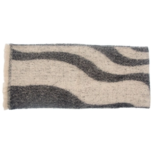 Close-up of grey and beige wave pattern jacquard scarf with soft fringe detailing