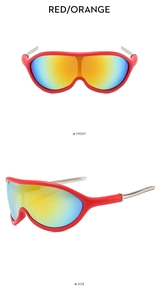 Front and side views of red sports sunglasses with orange mirror lenses and metal temples