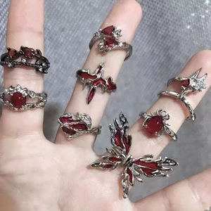 Gothic Punk Butterfly Spider Heart Cross Rings Alloy Rhinestone Red Enamel Jewelry Dark Aesthetic Vintage For Women