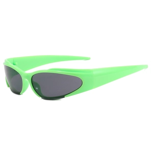 Futuristic neon green wrap-around sports sunglasses with black lenses in Y2K style