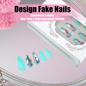 Almond-shaped turquoise press on nails set with holographic diamond patterns