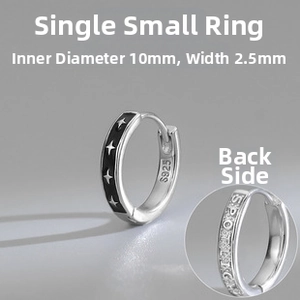 Detail view of S925 silver hoop earring with star pattern and 10mm inner diameter