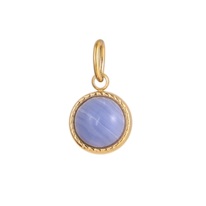 Detail of round light blue natural stone pendant with polished gold-plated stainless steel rim