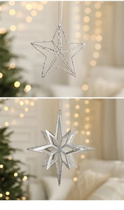 Detail showing silver glittery star hanging ornaments for Christmas tree decor