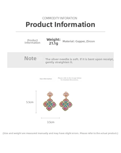Detailed view of large vintage flower earrings with colorful zircons and 21.1g weight info
