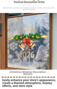Detail of Christmas window stickers featuring golden bells and Merry Christmas 2026 text