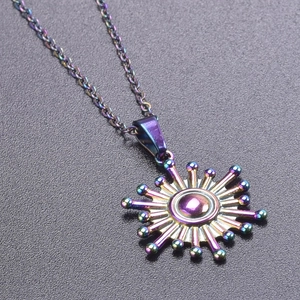 Macro detail of sunburst necklace pendant with iridescent rainbow vacuum plating finish