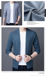 Detail view of honeycomb texture knit fabric and side pockets on men's cardigan