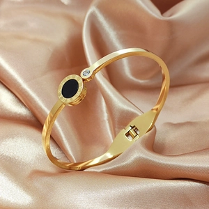 Titanium Steel Bangle Bracelet Roman Numerals Black Enamel Shell Disk And Zircon Hinged Open Design For Women Men
