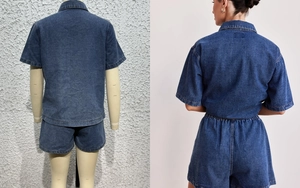 Rear view of deep blue denim set showing detailed short sleeve shirt and shorts texture