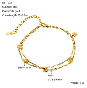 Double-layer stainless steel heart anklet with pearl detail and 18k gold plating info