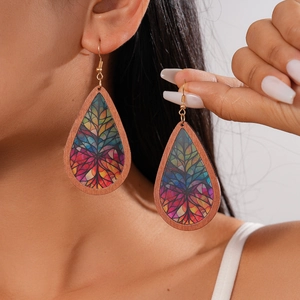 Bohemian Teardrop Drop Earrings With Wood Frame And Acrylic Stained Glass Pattern Retro Ethnic Style Jewelry For Women