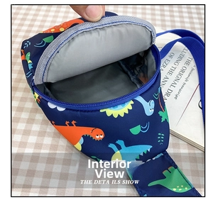 Detail view of the durable nylon inner lining and zipper of the dinosaur print chest bag