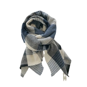Blue and grey plaid thick cashmere-feel scarf for winter with soft texture