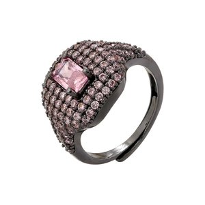 Detailed macro view of pink rectangular crystal ring with micro-paved gems in black finish