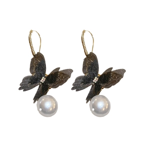 Elegant mesh butterfly earrings with sparkling crystals and drop pearls on a white background