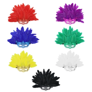 Luxurious Venetian masquerade masks with colorful feathers and ornate filigree patterns