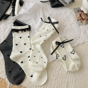 Chic mid-calf cotton socks with lace trim, satin bows, heart patterns and polka dots