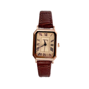 Elegant women's square quartz watch with rose gold case and brown leather strap