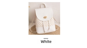 Detail view of mini white backpack with monogram pattern and metal turn-lock closure