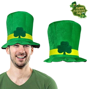 Close-up of St. Patrick's Day green felt top hat with shamrock and yellow ribbon detail