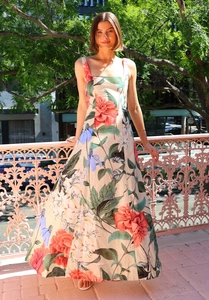 Close-up of floral print patterns on a vintage French style summer sundress fabric