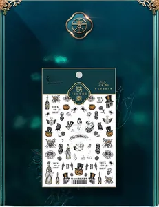 Macro view of TS-186 Halloween nail stickers with gothic pumpkin and skull sketches