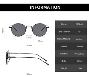 Technical drawing of retro round sunglasses with metal frame and PC lenses dimensions