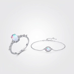 925 Sterling Silver Minimalist Sweet Oval Moonstone Jewelry Set Rhinestone Inlaid Ring Bracelet For Women Elegant Jewelry