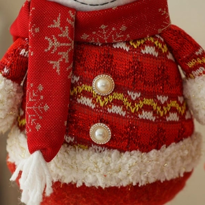 Standing Santa plush doll with red knitted sweater and pearl buttons for Christmas decor