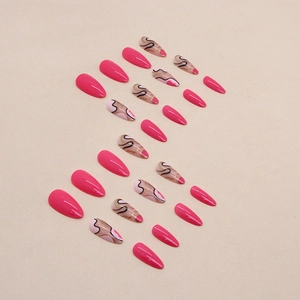 Almond-shaped press-on nails featuring vibrant pink and black wavy art design