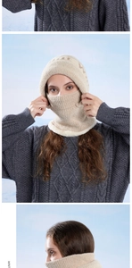 Detail of beige knitted hooded scarf featuring warm fleece lining and white faux fur trim
