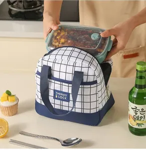 Detail showing a person putting a plastic lunch box into a blue plaid insulated meal bag