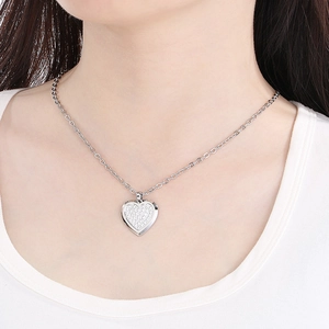 Silver heart pendant necklace for women featuring sparkling crystal rhinestones inlay