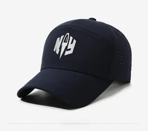 Detail view of navy baseball cap with white NY logo and laser-cut side ventilation holes