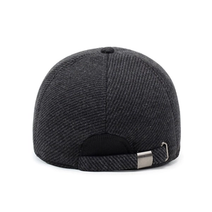 Detailed back view of men's winter warm baseball cap in dark grey textured wool fabric
