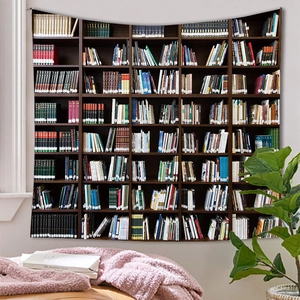 Cozy reading nook scene featuring a bookshelf tapestry on a wall with plants and blankets