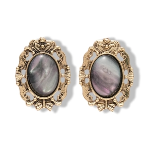Vintage oval resin earrings in gold metallic frame with iridescent shell texture