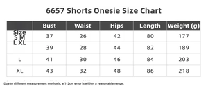 Detailed size chart for short sleeve yoga bodysuit with chest, waist, and hip measurements