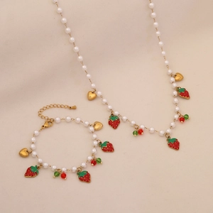 Sweet Strawberry Heart Pendant Necklace And Bracelet With Imitation Artificial Pearl Stainless Steel Clavicle Chain Jewelry For Women