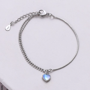 Chic Double Layered Heart Bracelet Copper With Moonstone Blue Gradient Pendant Snake Bead Chain Stitching For Women Girls